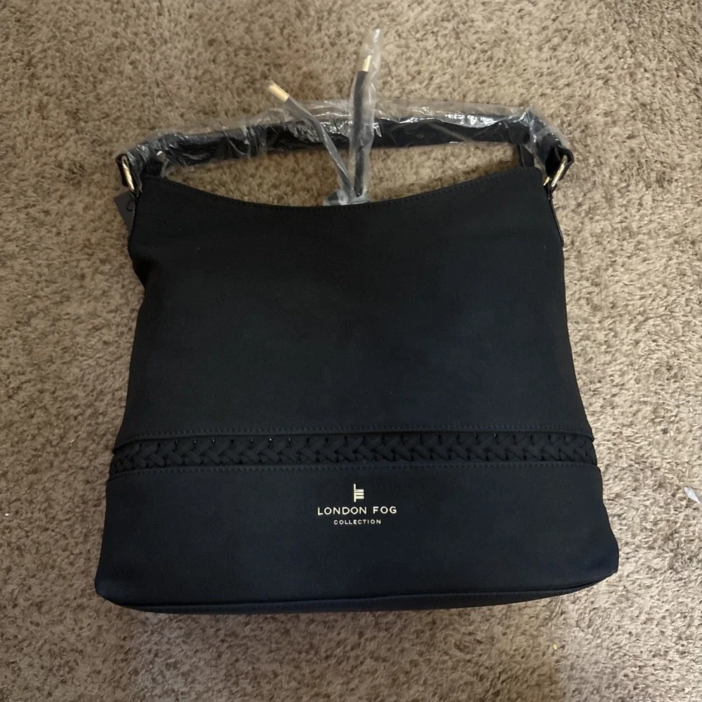 London Fog Elena Faux Suede Hobo Bag Purse Handbag Black Tote Braided Accent